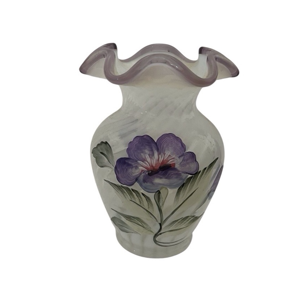 Fenton Art Glass Spiral Optic Opalescent Hand painted Vase.